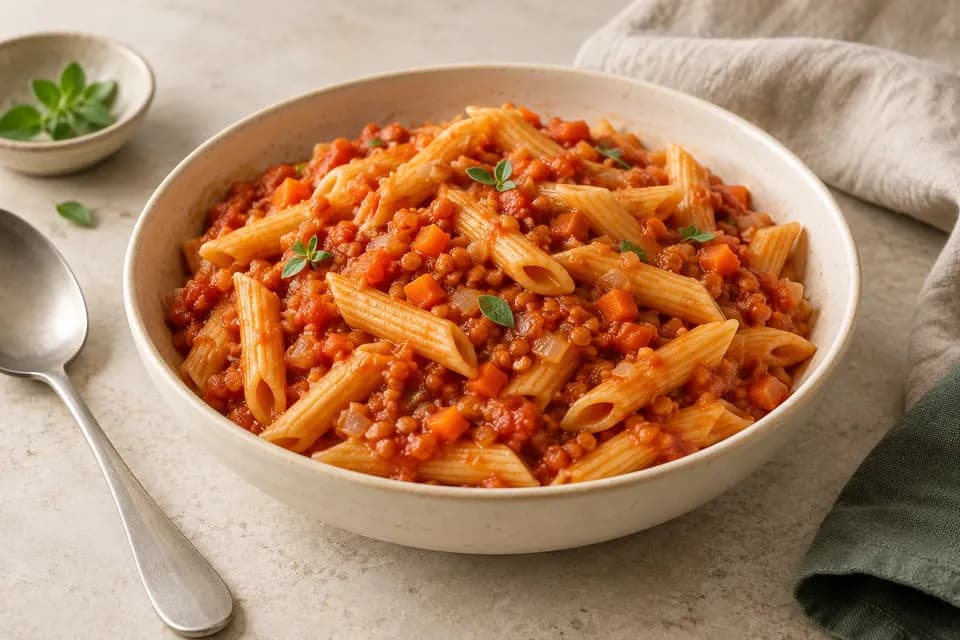 Penne mit Linsen und Tomatensauce