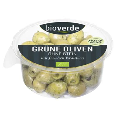 Bio Grüne Oliven ohne Stein, gekräutert